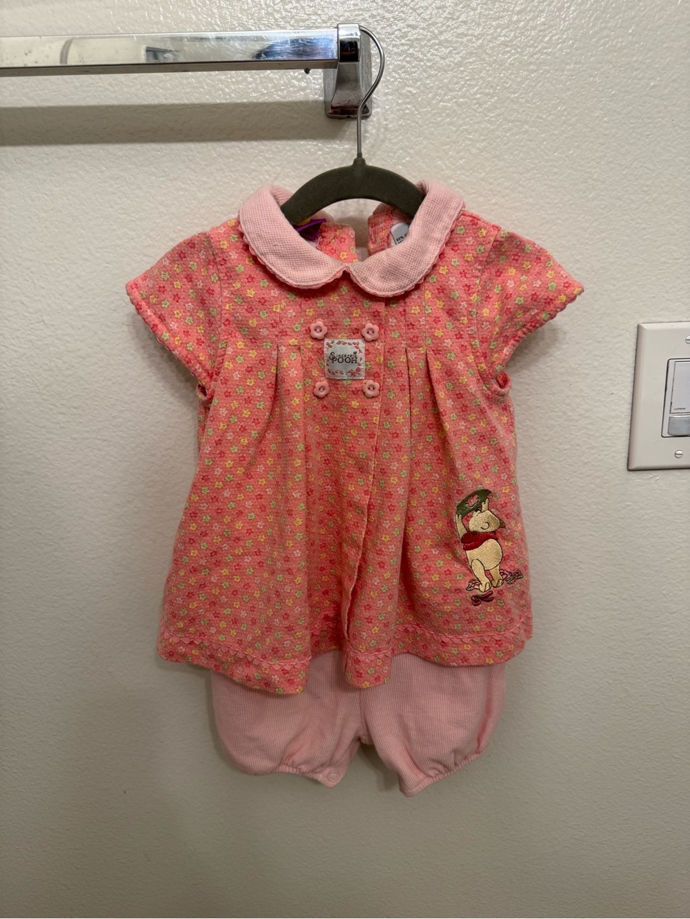 Vintage Winnie the Pooh Pink Floral Infant Romper with Collar